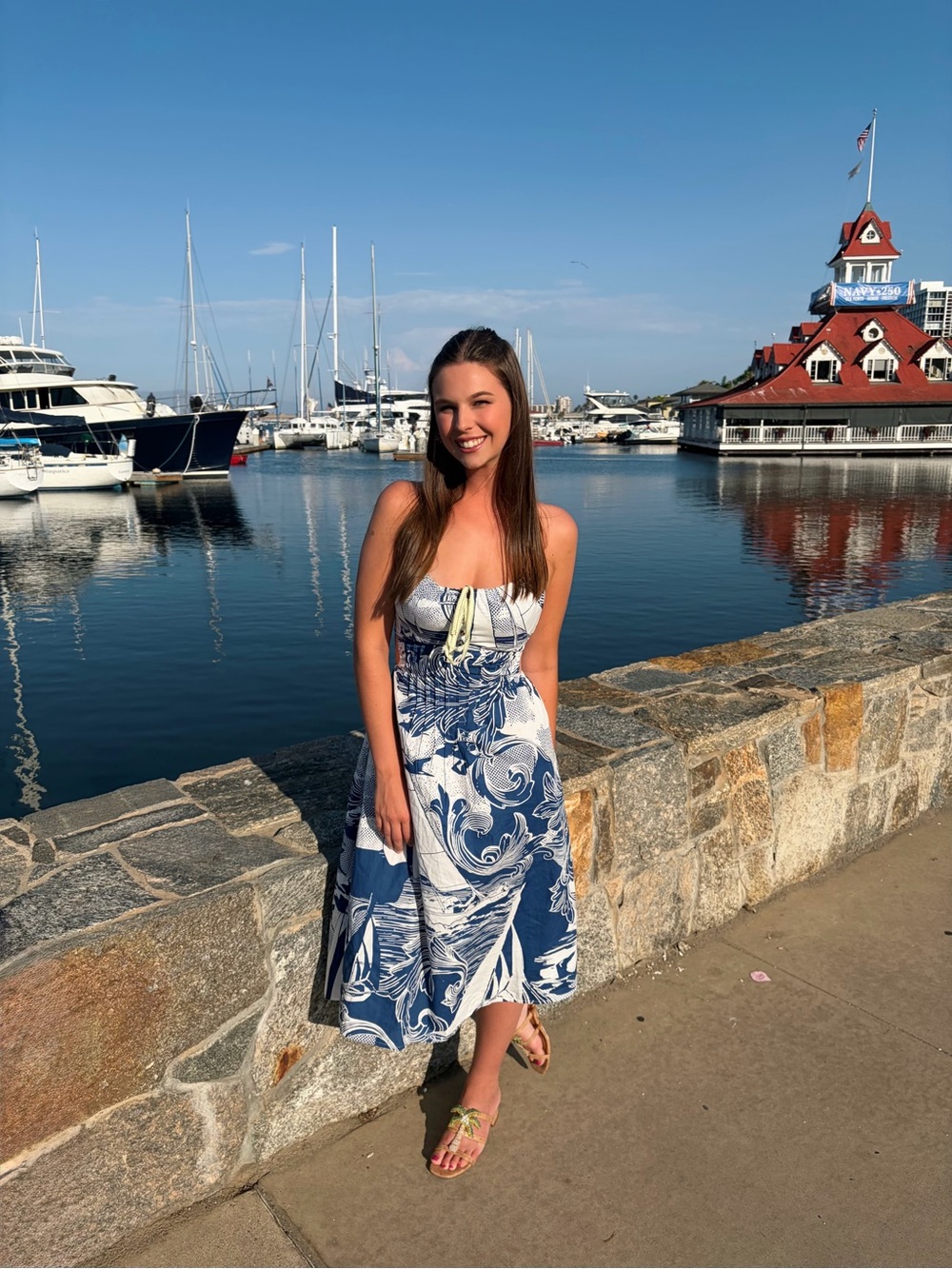 Anthropologie Blue and White Floral Strapless Midi Dress